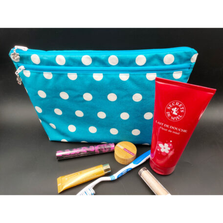 Trousse de toilette grand modèle imperméable bleue pois blancs