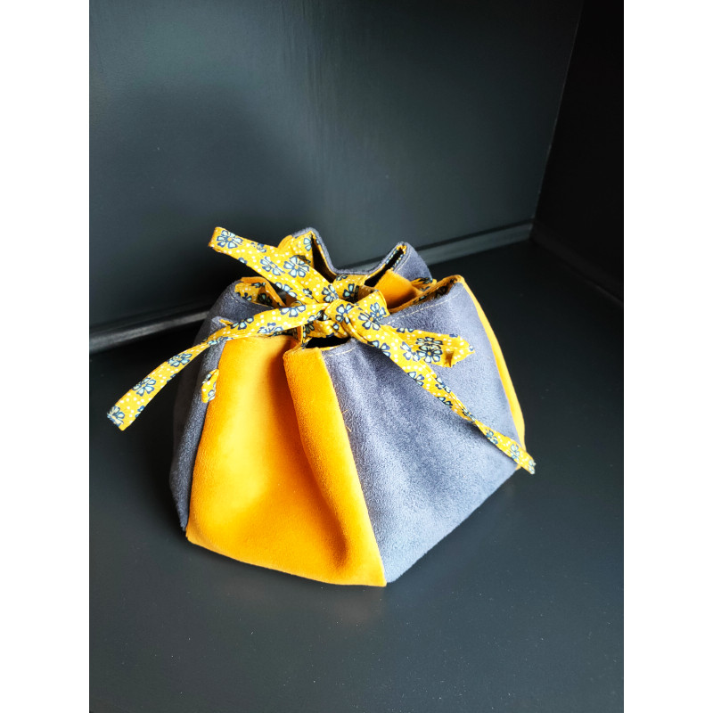 Pochette bourse suédine bleue moutarde maquillage bijoux vide-poches