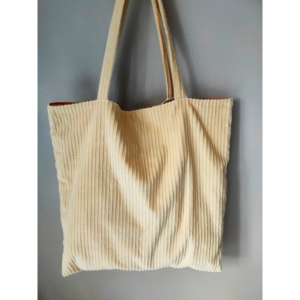 Tote bag velours beige et coton vintage côté velours