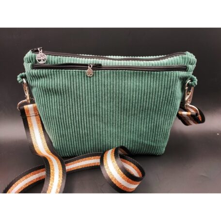 Sac bandoulière velours vert multipoches avec sangle lurex