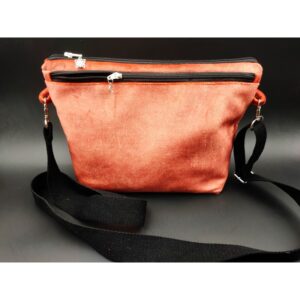 Sac velours multipoches marron corail avec bandoulière réglable en sangle coton noir