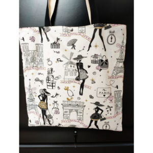 Tote-bag Paris monuments imperméable : Tour Eiffel, Moulin Rouge, Notre-Dame de Paris, Arc de triomphe et Femme au chapeau style La petite robe noire